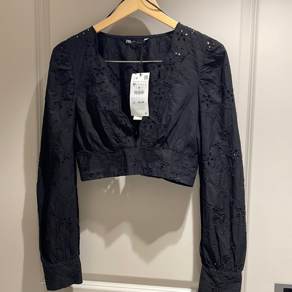 Zara Eyelet Cropped Black Embroidered Blouse